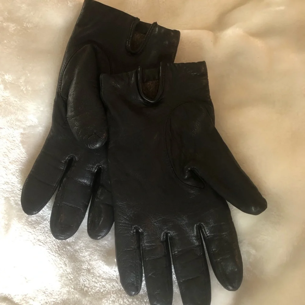 Black Leather Gloves with faux Fur Cuff - Women's Winter Accessory